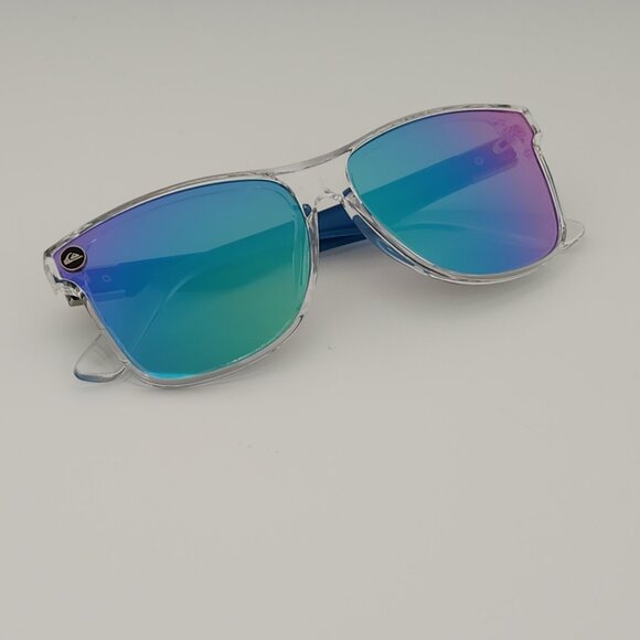 Quiksilver Round Flat Lens Sunglasses Clear Frame Blue Arms Blue-Mirror Lens - Picture 7 of 12